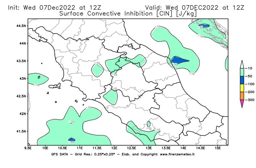 Mappa di analisi GFS - CIN [J/kg] in Centro-Italia
							del 07/12/2022 12 <!--googleoff: index-->UTC<!--googleon: index-->