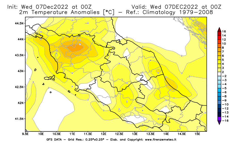 Mappa di analisi GFS - Anomalia Temperatura [°C] a 2 m in Centro-Italia
							del 07/12/2022 00 <!--googleoff: index-->UTC<!--googleon: index-->