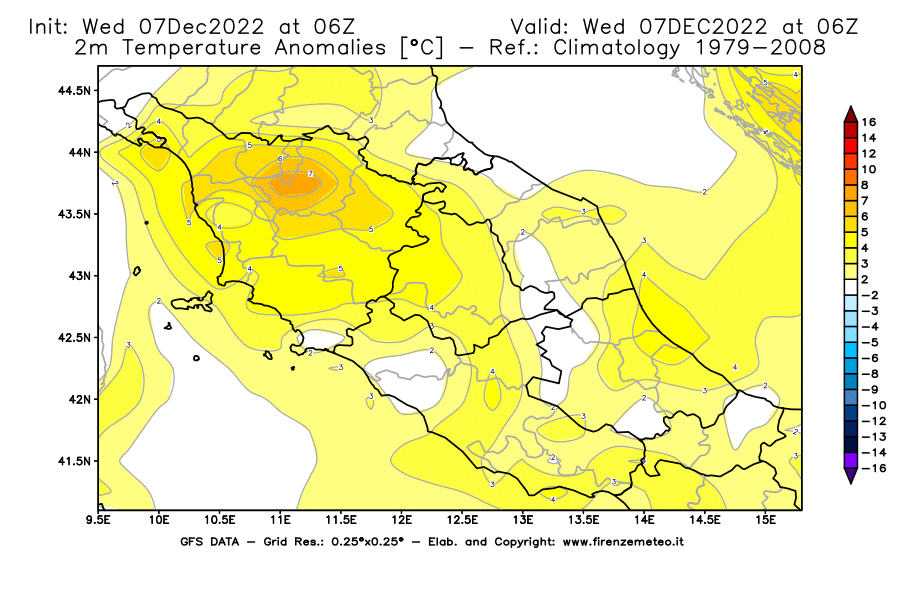 Mappa di analisi GFS - Anomalia Temperatura [°C] a 2 m in Centro-Italia
							del 07/12/2022 06 <!--googleoff: index-->UTC<!--googleon: index-->