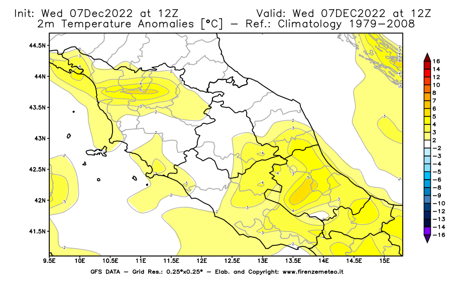 Mappa di analisi GFS - Anomalia Temperatura [°C] a 2 m in Centro-Italia
							del 07/12/2022 12 <!--googleoff: index-->UTC<!--googleon: index-->