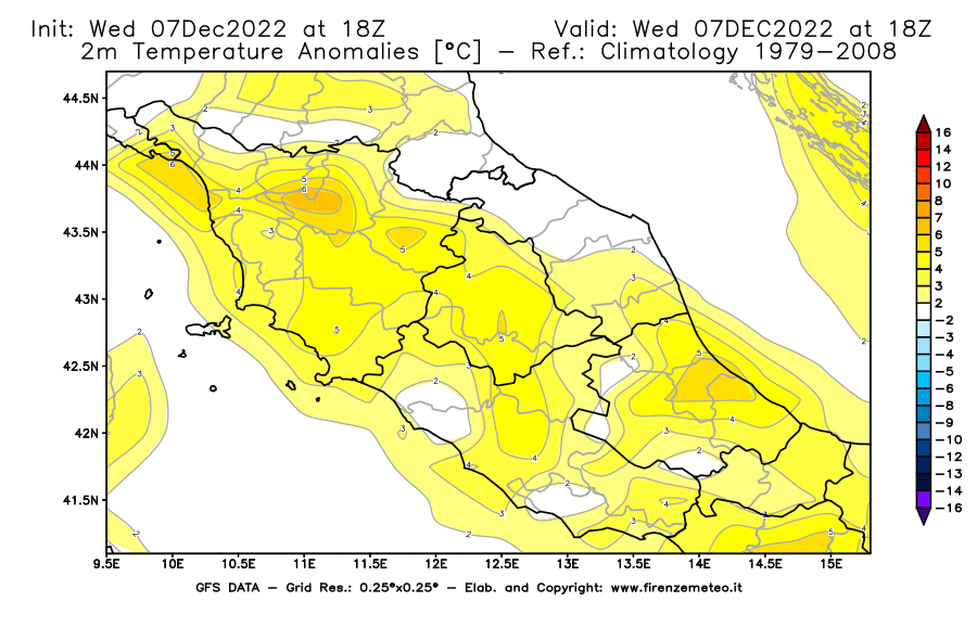 Mappa di analisi GFS - Anomalia Temperatura [°C] a 2 m in Centro-Italia
							del 07/12/2022 18 <!--googleoff: index-->UTC<!--googleon: index-->