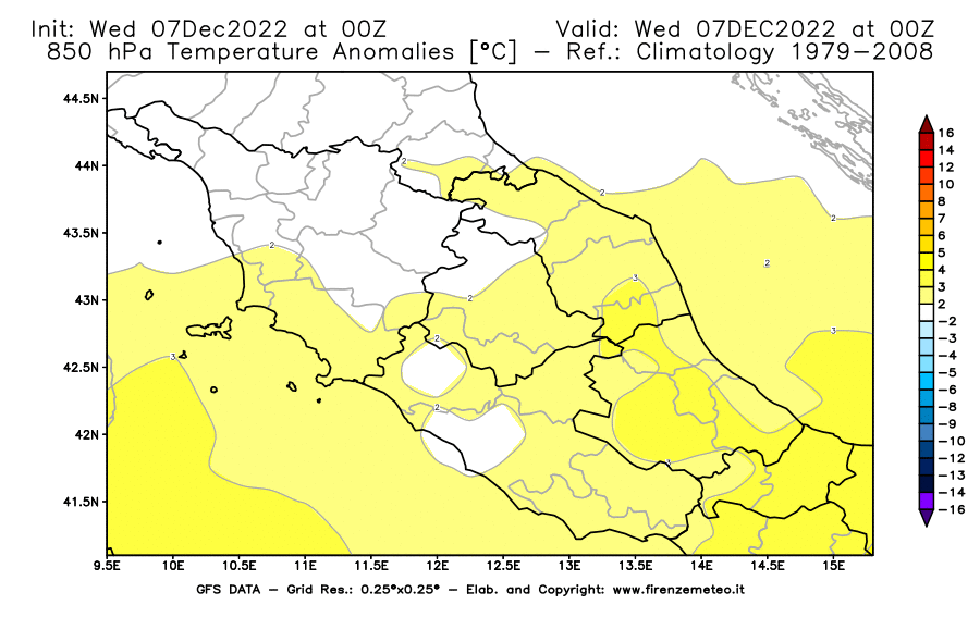 Mappa di analisi GFS - Anomalia Temperatura [°C] a 850 hPa in Centro-Italia
							del 07/12/2022 00 <!--googleoff: index-->UTC<!--googleon: index-->