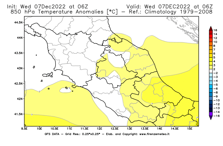 Mappa di analisi GFS - Anomalia Temperatura [°C] a 850 hPa in Centro-Italia
							del 07/12/2022 06 <!--googleoff: index-->UTC<!--googleon: index-->
