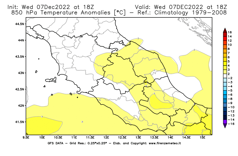 Mappa di analisi GFS - Anomalia Temperatura [°C] a 850 hPa in Centro-Italia
							del 07/12/2022 18 <!--googleoff: index-->UTC<!--googleon: index-->