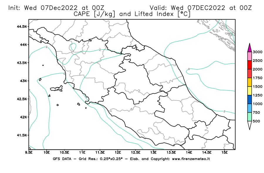 Mappa di analisi GFS - CAPE [J/kg] e Lifted Index [°C] in Centro-Italia
							del 07/12/2022 00 <!--googleoff: index-->UTC<!--googleon: index-->