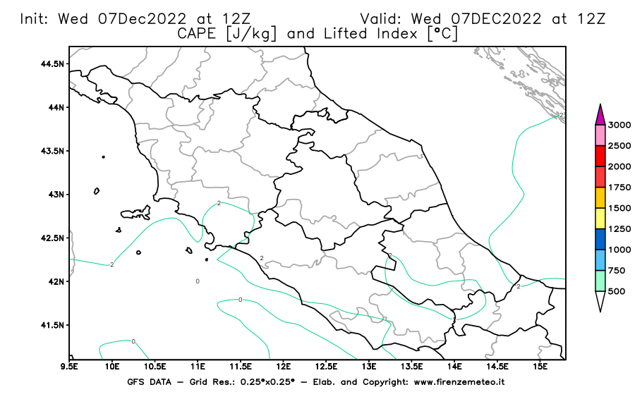 Mappa di analisi GFS - CAPE [J/kg] e Lifted Index [°C] in Centro-Italia
							del 07/12/2022 12 <!--googleoff: index-->UTC<!--googleon: index-->