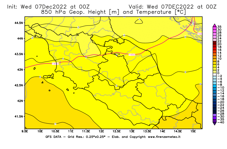 Mappa di analisi GFS - Geopotenziale [m] e Temperatura [°C] a 850 hPa in Centro-Italia
							del 07/12/2022 00 <!--googleoff: index-->UTC<!--googleon: index-->