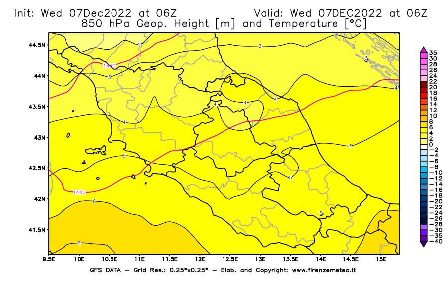 Mappa di analisi GFS - Geopotenziale [m] e Temperatura [°C] a 850 hPa in Centro-Italia
							del 07/12/2022 06 <!--googleoff: index-->UTC<!--googleon: index-->