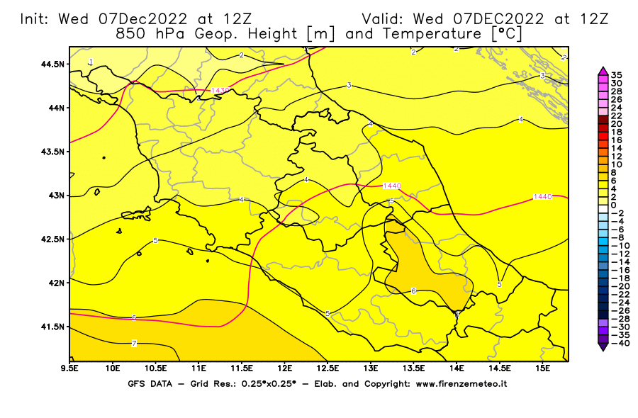 Mappa di analisi GFS - Geopotenziale [m] e Temperatura [°C] a 850 hPa in Centro-Italia
							del 07/12/2022 12 <!--googleoff: index-->UTC<!--googleon: index-->