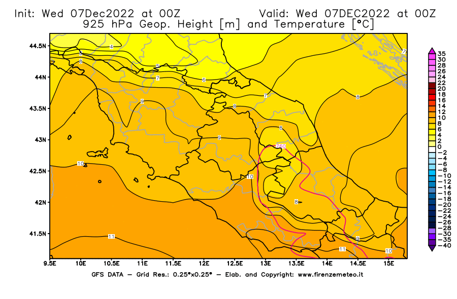 Mappa di analisi GFS - Geopotenziale [m] e Temperatura [°C] a 925 hPa in Centro-Italia
							del 07/12/2022 00 <!--googleoff: index-->UTC<!--googleon: index-->