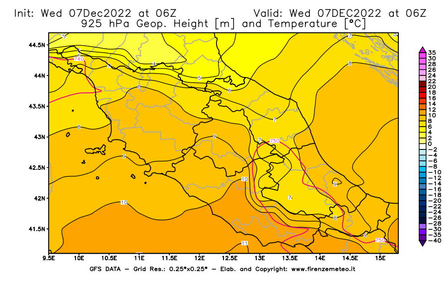 Mappa di analisi GFS - Geopotenziale [m] e Temperatura [°C] a 925 hPa in Centro-Italia
							del 07/12/2022 06 <!--googleoff: index-->UTC<!--googleon: index-->
