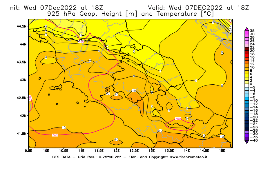 Mappa di analisi GFS - Geopotenziale [m] e Temperatura [°C] a 925 hPa in Centro-Italia
							del 07/12/2022 18 <!--googleoff: index-->UTC<!--googleon: index-->