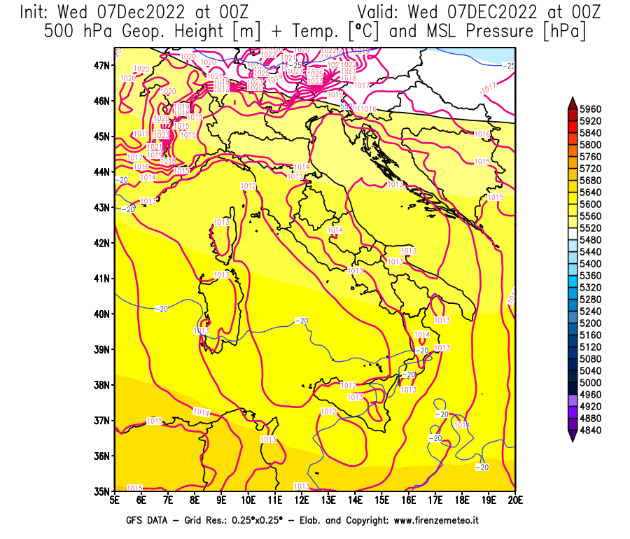 Mappa di analisi GFS - Geopotenziale [m] + Temp. [°C] a 500 hPa + Press. a livello del mare [hPa] in Italia
							del 07/12/2022 00 <!--googleoff: index-->UTC<!--googleon: index-->