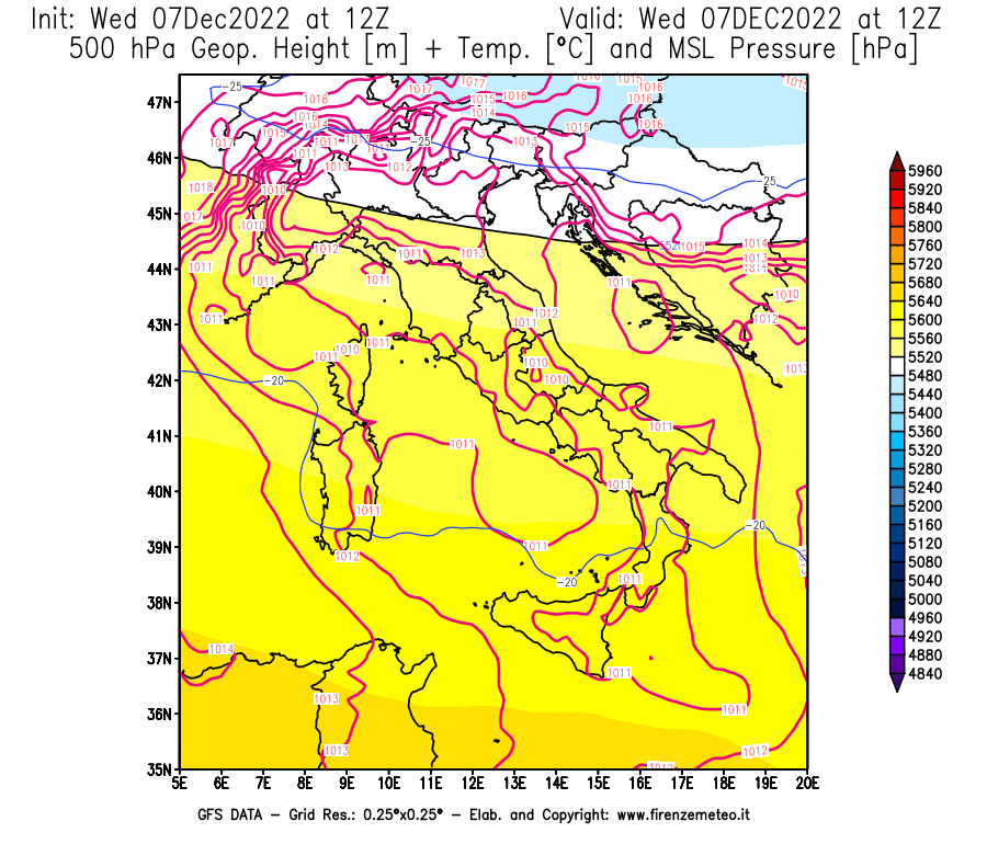 Mappa di analisi GFS - Geopotenziale [m] + Temp. [°C] a 500 hPa + Press. a livello del mare [hPa] in Italia
							del 07/12/2022 12 <!--googleoff: index-->UTC<!--googleon: index-->