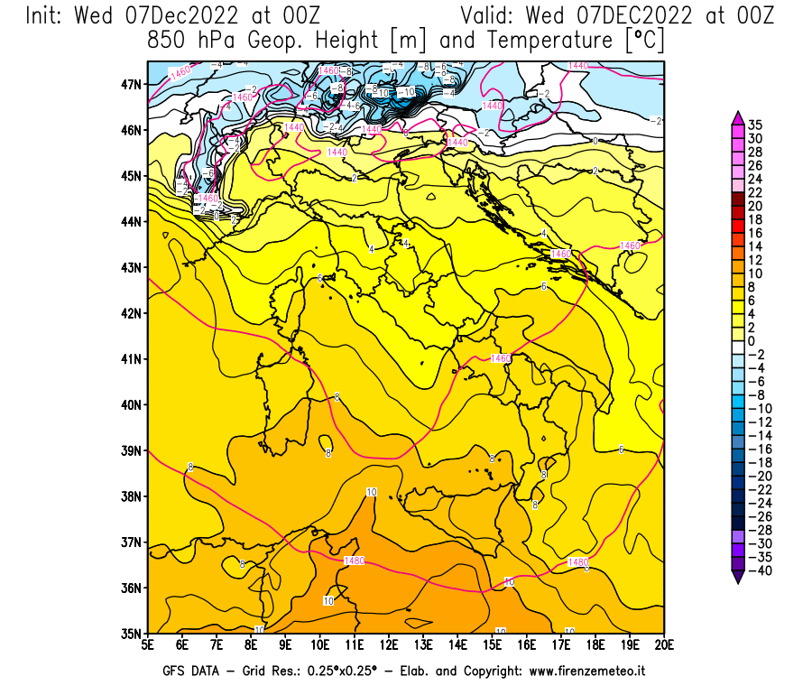 Mappa di analisi GFS - Geopotenziale [m] e Temperatura [°C] a 850 hPa in Italia
							del 07/12/2022 00 <!--googleoff: index-->UTC<!--googleon: index-->