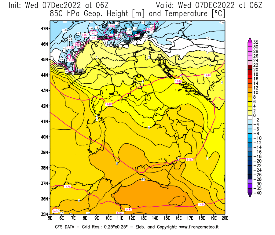Mappa di analisi GFS - Geopotenziale [m] e Temperatura [°C] a 850 hPa in Italia
							del 07/12/2022 06 <!--googleoff: index-->UTC<!--googleon: index-->