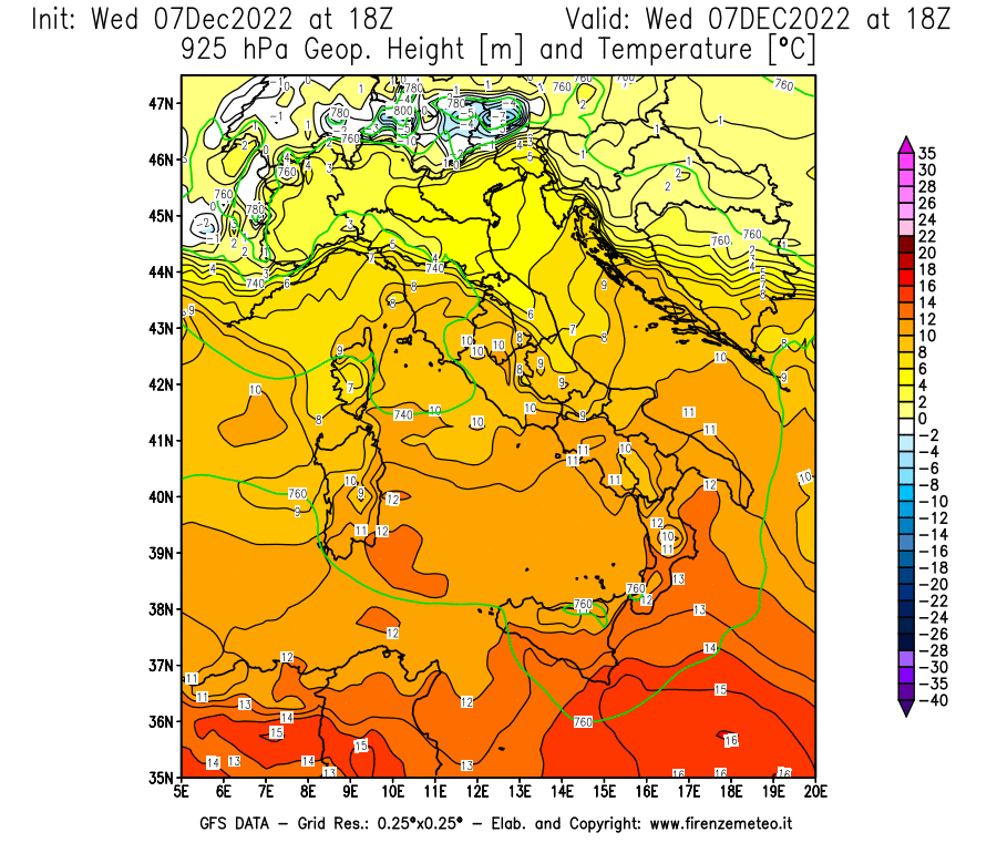 Mappa di analisi GFS - Geopotenziale [m] e Temperatura [°C] a 925 hPa in Italia
							del 07/12/2022 18 <!--googleoff: index-->UTC<!--googleon: index-->