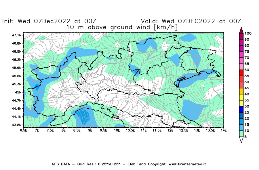 Mappa di analisi GFS - Velocità del vento a 10 metri dal suolo [km/h] in Nord-Italia
							del 07/12/2022 00 <!--googleoff: index-->UTC<!--googleon: index-->