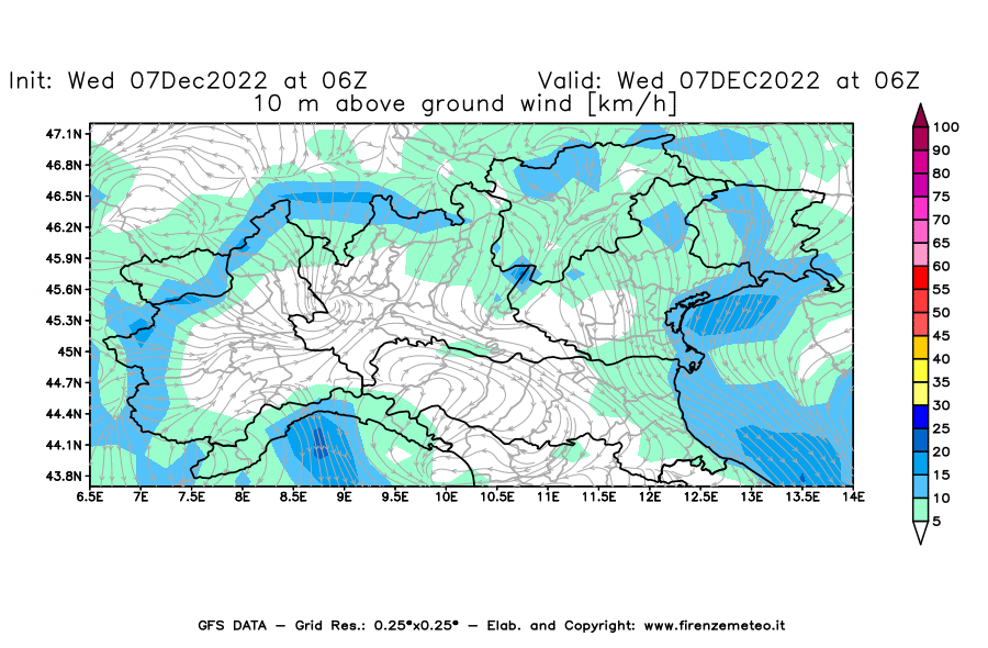 Mappa di analisi GFS - Velocità del vento a 10 metri dal suolo [km/h] in Nord-Italia
							del 07/12/2022 06 <!--googleoff: index-->UTC<!--googleon: index-->