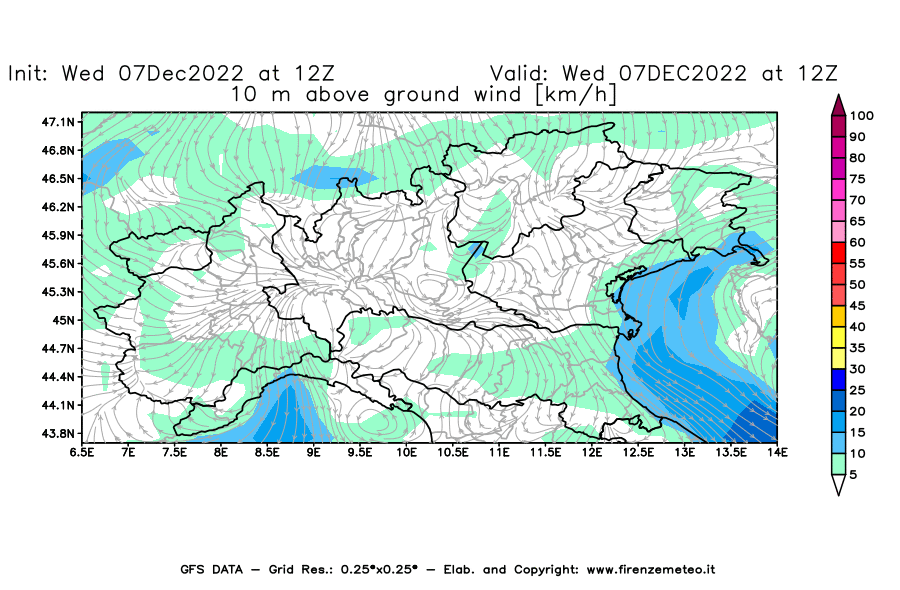Mappa di analisi GFS - Velocità del vento a 10 metri dal suolo [km/h] in Nord-Italia
							del 07/12/2022 12 <!--googleoff: index-->UTC<!--googleon: index-->
