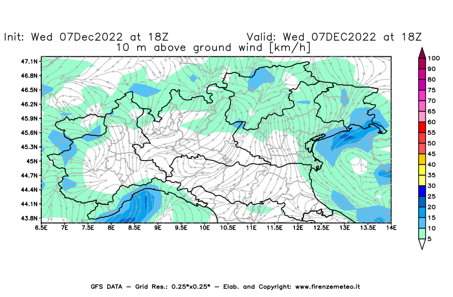 Mappa di analisi GFS - Velocità del vento a 10 metri dal suolo [km/h] in Nord-Italia
							del 07/12/2022 18 <!--googleoff: index-->UTC<!--googleon: index-->