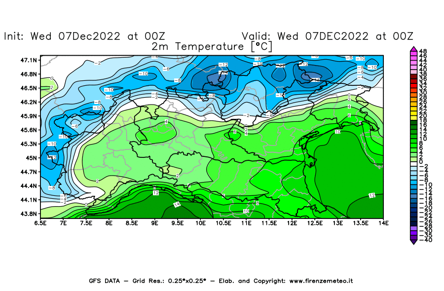 Mappa di analisi GFS - Temperatura a 2 metri dal suolo [°C] in Nord-Italia
							del 07/12/2022 00 <!--googleoff: index-->UTC<!--googleon: index-->