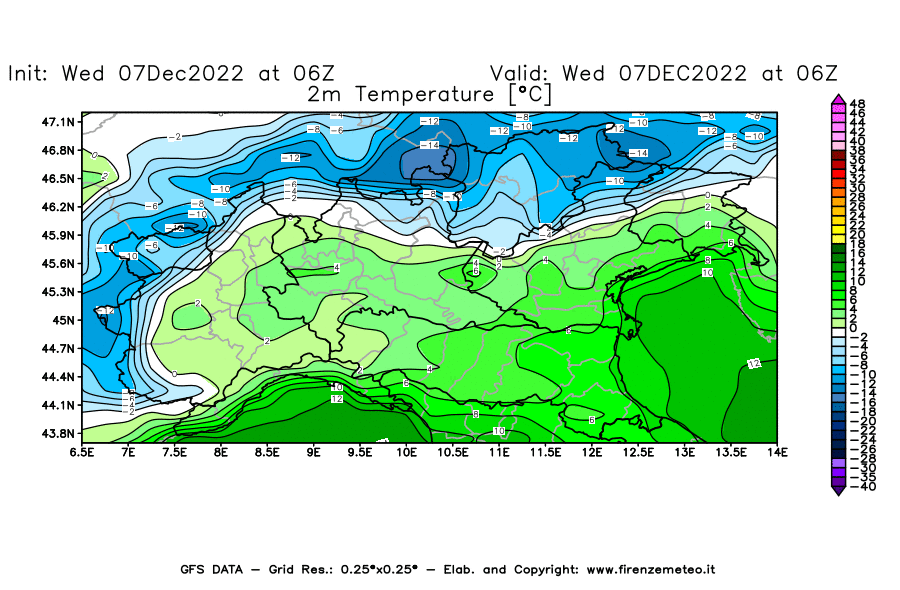 Mappa di analisi GFS - Temperatura a 2 metri dal suolo [°C] in Nord-Italia
							del 07/12/2022 06 <!--googleoff: index-->UTC<!--googleon: index-->