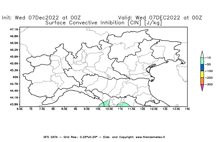 Mappa di analisi GFS - CIN [J/kg] in Nord-Italia
							del 07/12/2022 00 <!--googleoff: index-->UTC<!--googleon: index-->