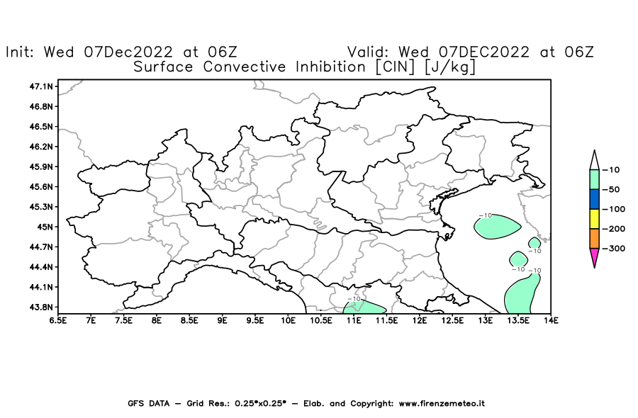 Mappa di analisi GFS - CIN [J/kg] in Nord-Italia
							del 07/12/2022 06 <!--googleoff: index-->UTC<!--googleon: index-->