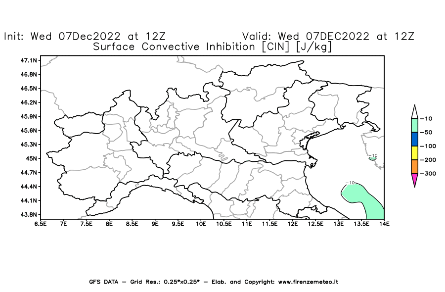 Mappa di analisi GFS - CIN [J/kg] in Nord-Italia
							del 07/12/2022 12 <!--googleoff: index-->UTC<!--googleon: index-->