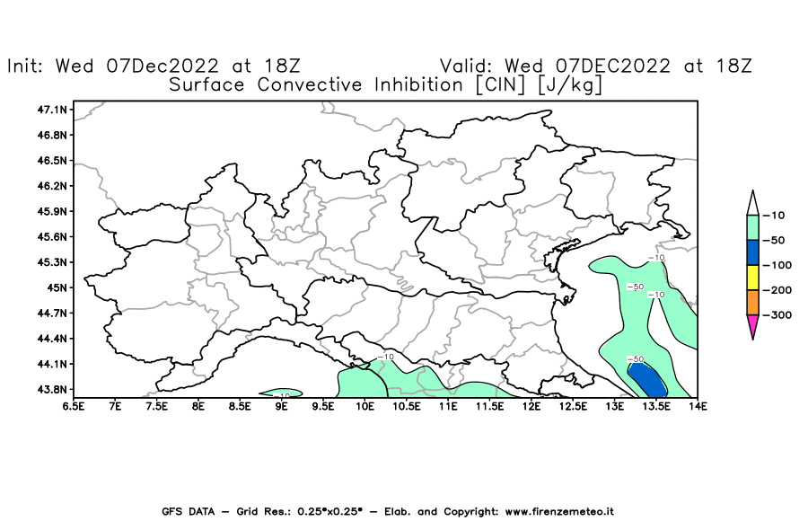 Mappa di analisi GFS - CIN [J/kg] in Nord-Italia
							del 07/12/2022 18 <!--googleoff: index-->UTC<!--googleon: index-->