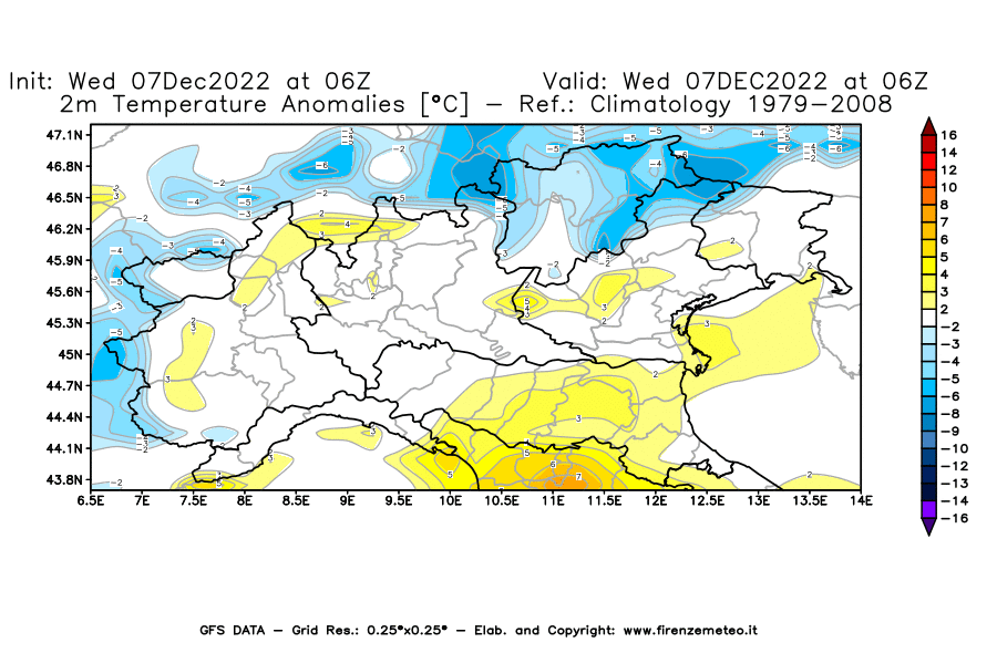 Mappa di analisi GFS - Anomalia Temperatura [°C] a 2 m in Nord-Italia
							del 07/12/2022 06 <!--googleoff: index-->UTC<!--googleon: index-->