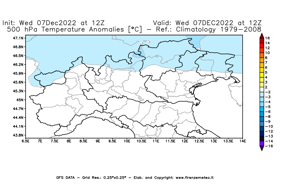 Mappa di analisi GFS - Anomalia Temperatura a 500 hPa in Nord-Italia
							del 7 dicembre 2022 z12