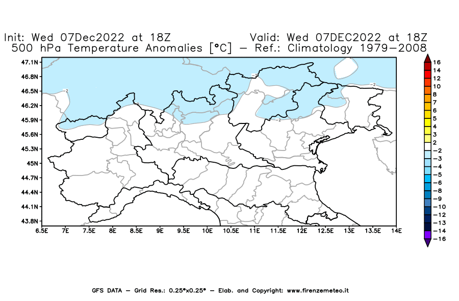 Mappa di analisi GFS - Anomalia Temperatura a 500 hPa in Nord-Italia
							del 7 dicembre 2022 z18
