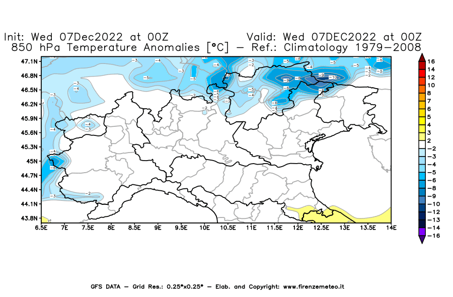 Mappa di analisi GFS - Anomalia Temperatura [°C] a 850 hPa in Nord-Italia
							del 07/12/2022 00 <!--googleoff: index-->UTC<!--googleon: index-->
