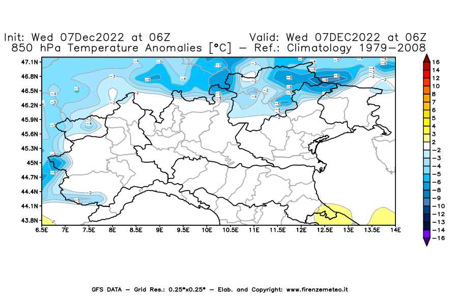 Mappa di analisi GFS - Anomalia Temperatura [°C] a 850 hPa in Nord-Italia
							del 07/12/2022 06 <!--googleoff: index-->UTC<!--googleon: index-->