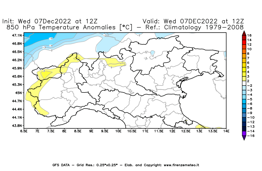 Mappa di analisi GFS - Anomalia Temperatura [°C] a 850 hPa in Nord-Italia
							del 07/12/2022 12 <!--googleoff: index-->UTC<!--googleon: index-->