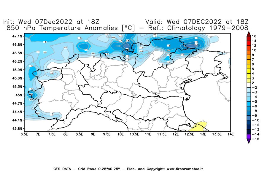 Mappa di analisi GFS - Anomalia Temperatura [°C] a 850 hPa in Nord-Italia
							del 07/12/2022 18 <!--googleoff: index-->UTC<!--googleon: index-->