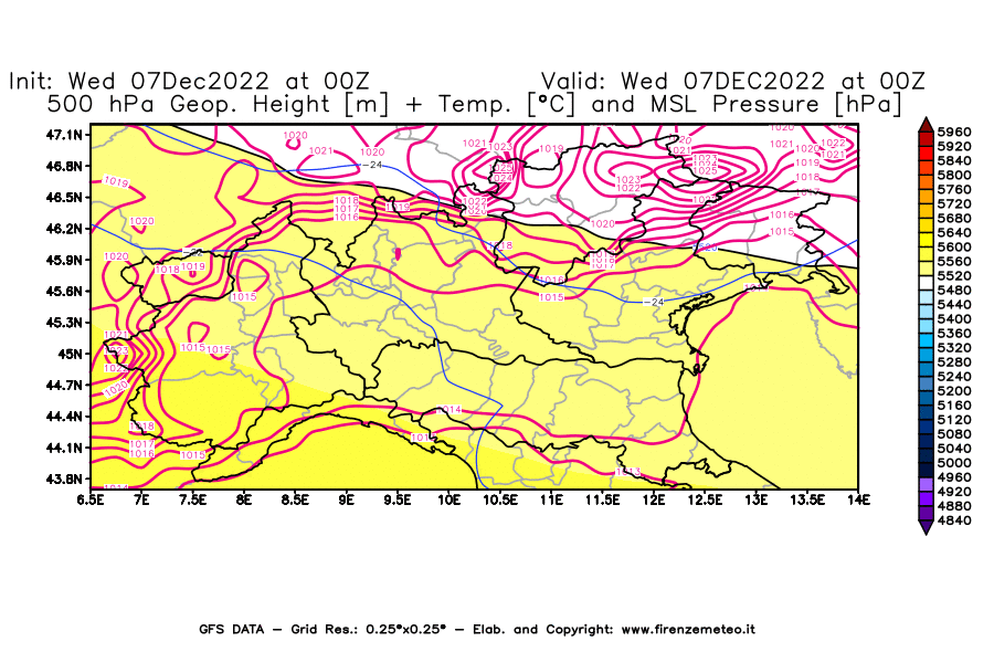 Mappa di analisi GFS - Geopotenziale [m] + Temp. [°C] a 500 hPa + Press. a livello del mare [hPa] in Nord-Italia
							del 07/12/2022 00 <!--googleoff: index-->UTC<!--googleon: index-->