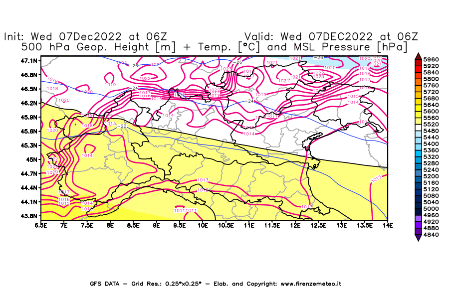 Mappa di analisi GFS - Geopotenziale [m] + Temp. [°C] a 500 hPa + Press. a livello del mare [hPa] in Nord-Italia
							del 07/12/2022 06 <!--googleoff: index-->UTC<!--googleon: index-->