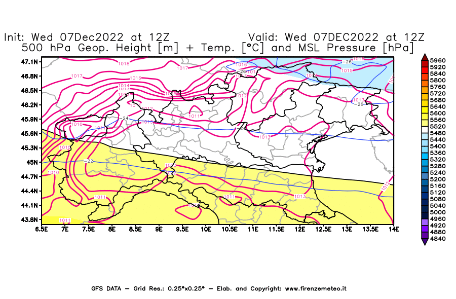 Mappa di analisi GFS - Geopotenziale [m] + Temp. [°C] a 500 hPa + Press. a livello del mare [hPa] in Nord-Italia
							del 07/12/2022 12 <!--googleoff: index-->UTC<!--googleon: index-->