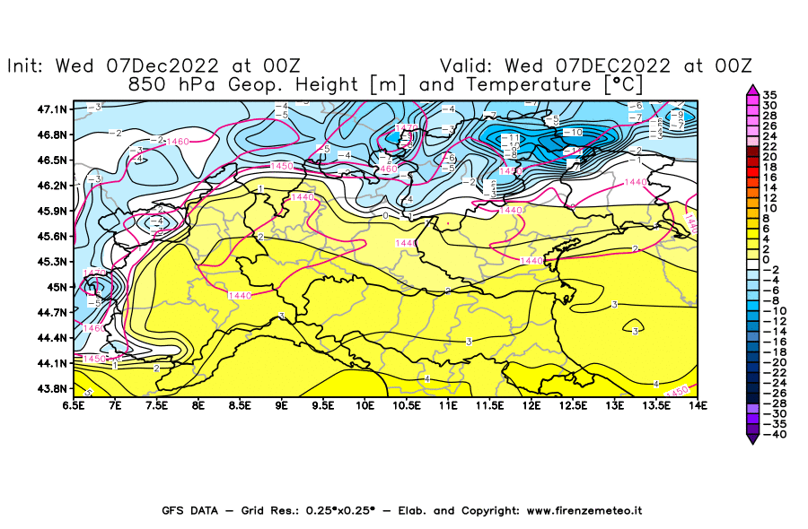 Mappa di analisi GFS - Geopotenziale [m] e Temperatura [°C] a 850 hPa in Nord-Italia
							del 07/12/2022 00 <!--googleoff: index-->UTC<!--googleon: index-->