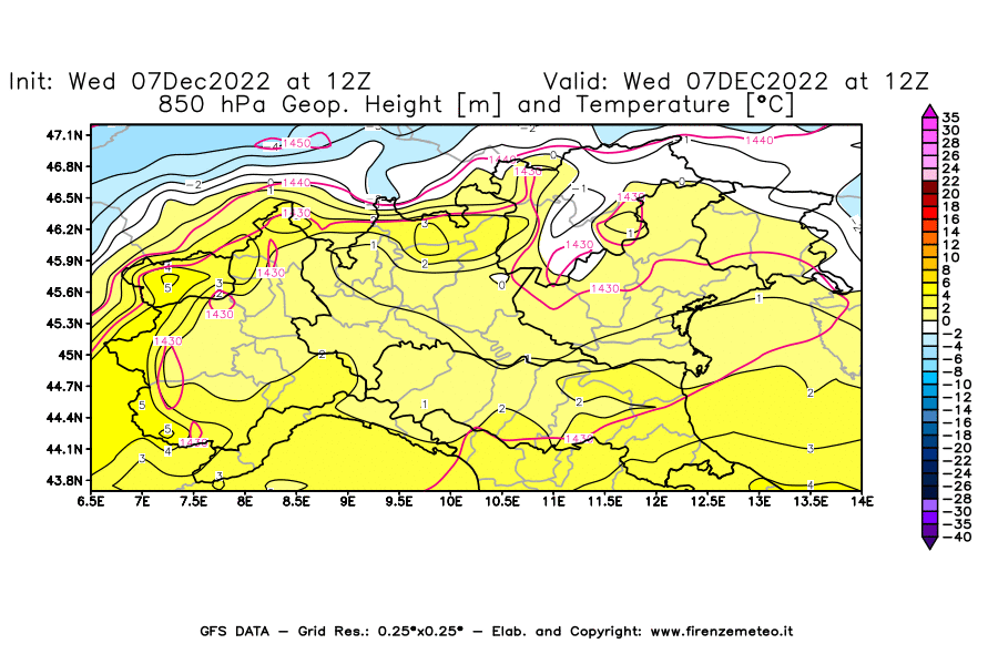 Mappa di analisi GFS - Geopotenziale [m] e Temperatura [°C] a 850 hPa in Nord-Italia
							del 07/12/2022 12 <!--googleoff: index-->UTC<!--googleon: index-->