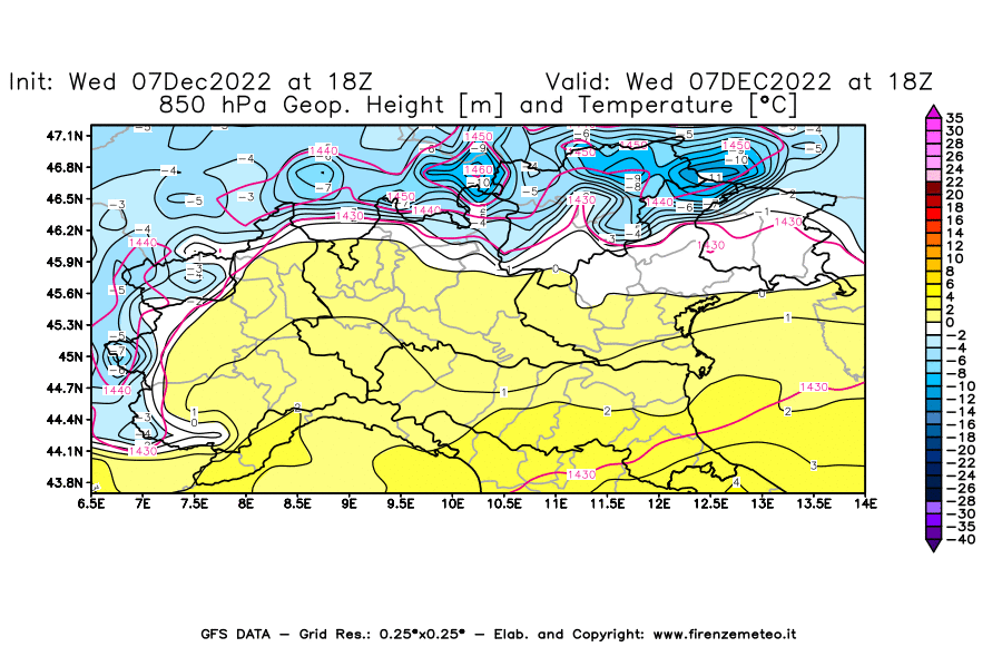 Mappa di analisi GFS - Geopotenziale [m] e Temperatura [°C] a 850 hPa in Nord-Italia
							del 07/12/2022 18 <!--googleoff: index-->UTC<!--googleon: index-->