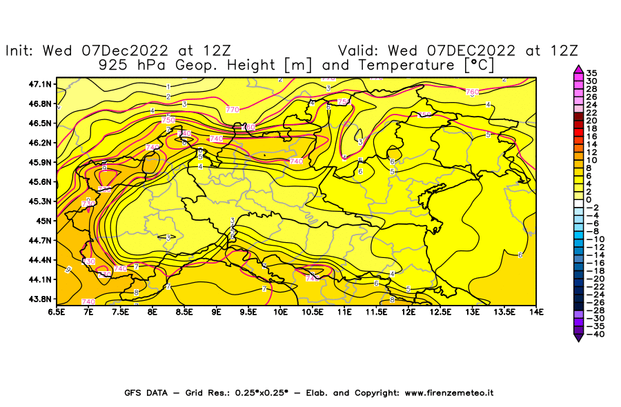 Mappa di analisi GFS - Geopotenziale [m] e Temperatura [°C] a 925 hPa in Nord-Italia
							del 07/12/2022 12 <!--googleoff: index-->UTC<!--googleon: index-->