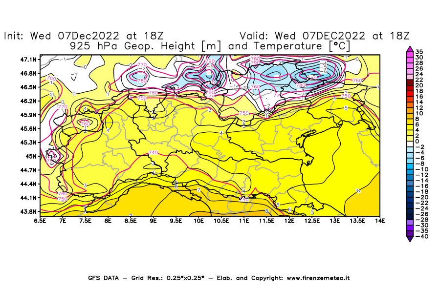Mappa di analisi GFS - Geopotenziale [m] e Temperatura [°C] a 925 hPa in Nord-Italia
							del 07/12/2022 18 <!--googleoff: index-->UTC<!--googleon: index-->