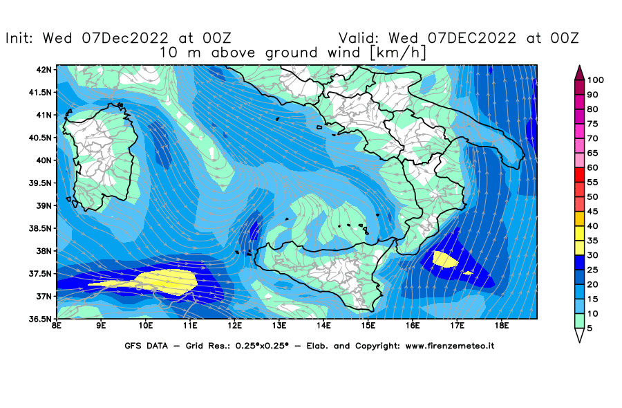 Mappa di analisi GFS - Velocità del vento a 10 metri dal suolo [km/h] in Sud-Italia
							del 07/12/2022 00 <!--googleoff: index-->UTC<!--googleon: index-->