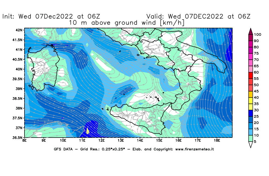 Mappa di analisi GFS - Velocità del vento a 10 metri dal suolo [km/h] in Sud-Italia
							del 07/12/2022 06 <!--googleoff: index-->UTC<!--googleon: index-->