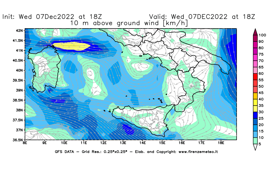 Mappa di analisi GFS - Velocità del vento a 10 metri dal suolo [km/h] in Sud-Italia
							del 07/12/2022 18 <!--googleoff: index-->UTC<!--googleon: index-->