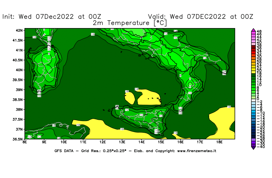 Mappa di analisi GFS - Temperatura a 2 metri dal suolo [°C] in Sud-Italia
							del 07/12/2022 00 <!--googleoff: index-->UTC<!--googleon: index-->